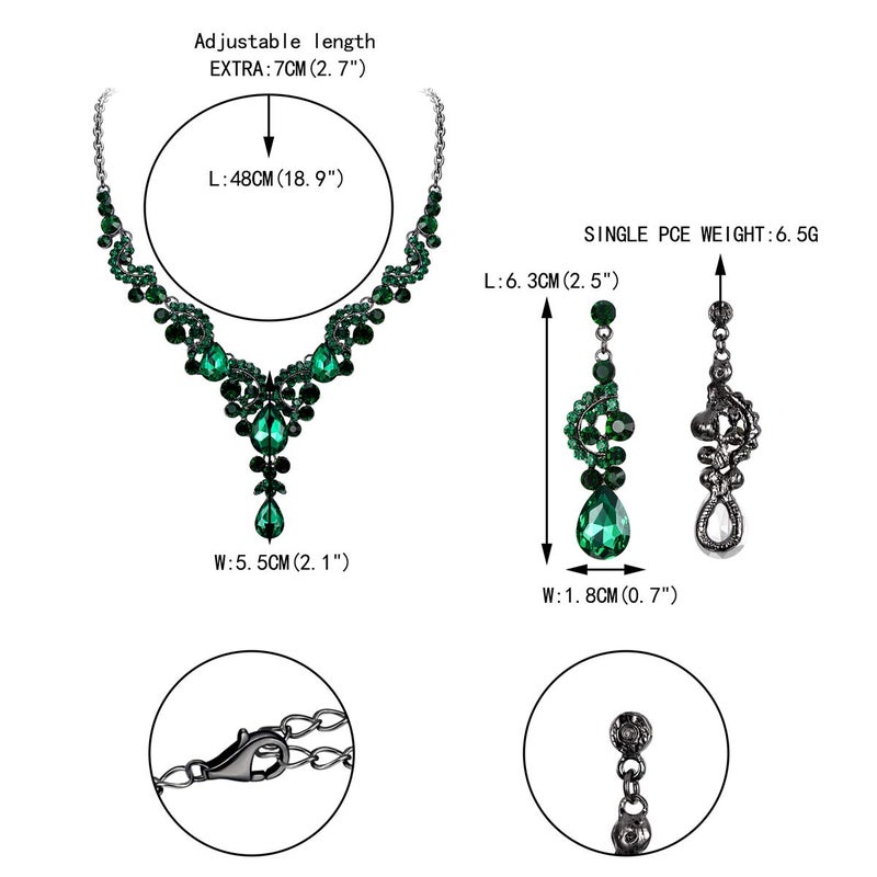 EVER FAITH Costume Jewelry for Women, Art Deco Crystal Floral Wave Teardrop Pendant Necklace Dangle Earrings Set Green Black-Tone - Image 5